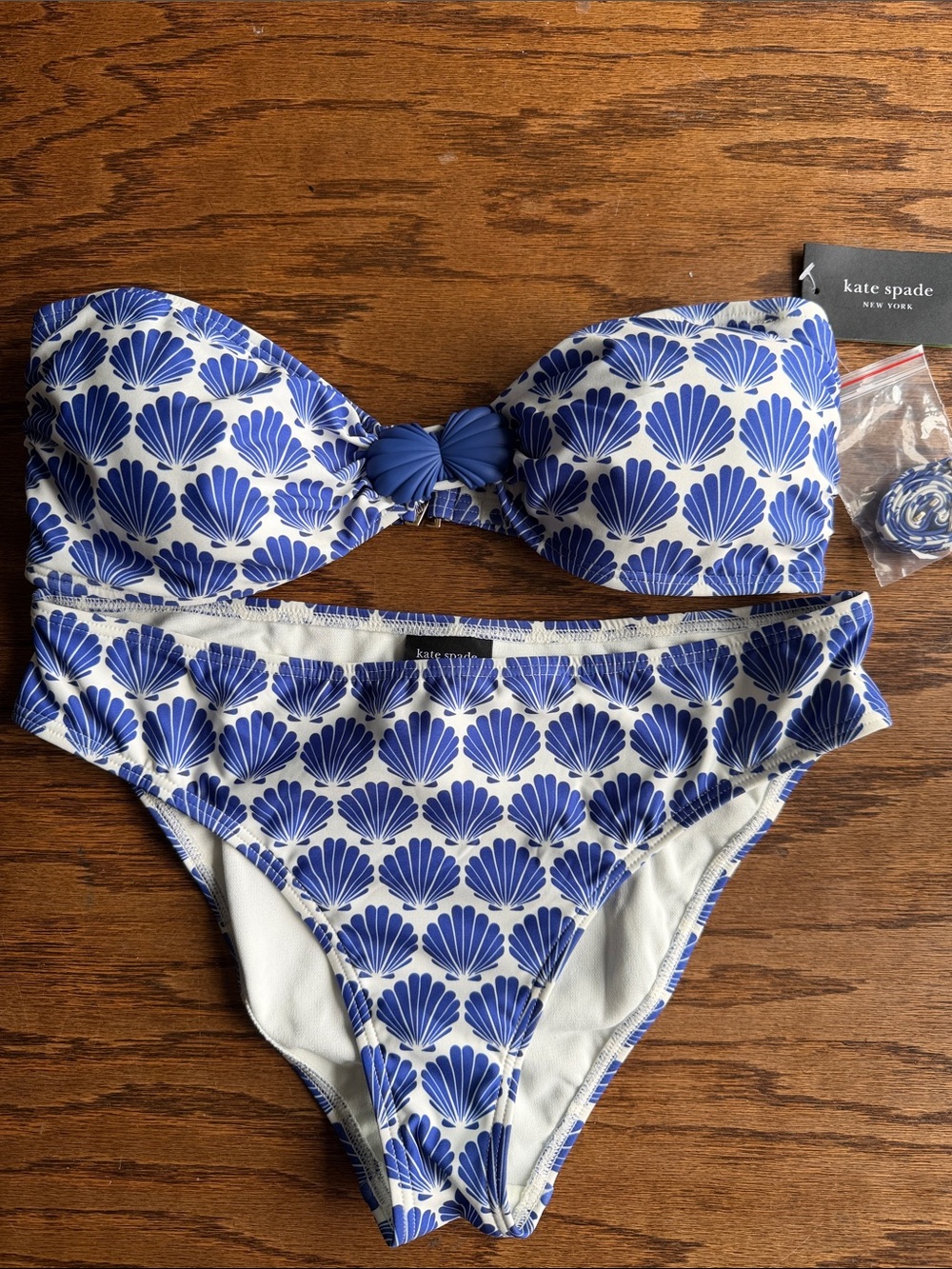 kate spade Blue Shell-Print Strapless Bikini